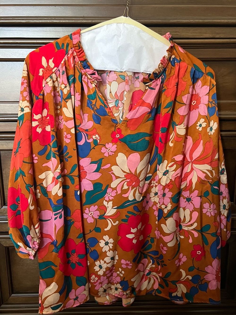 easel Multicolor Floral Peasant Blouse - Rust, Pink & Teal
